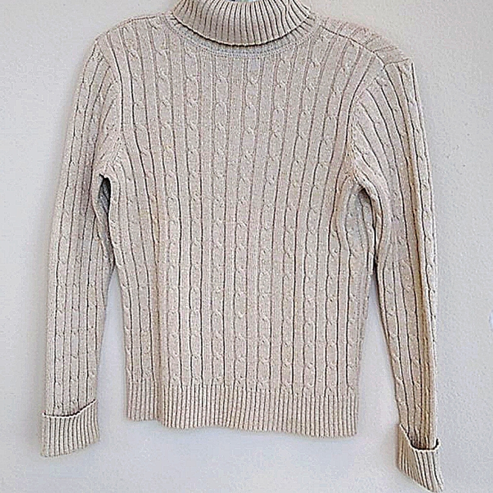 Metallic beige and gold cotton cable knit turtle neck